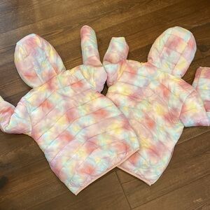 Two size 10/12 hooded pink purple yellow blue winter jackets, preowned kits